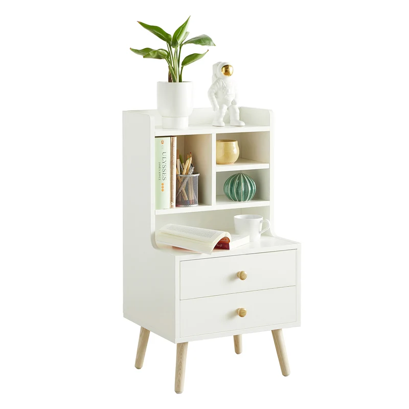 SoBuy FBT100-W Mesita de Noche con 2 cajones y 4 Compartimento Blanco