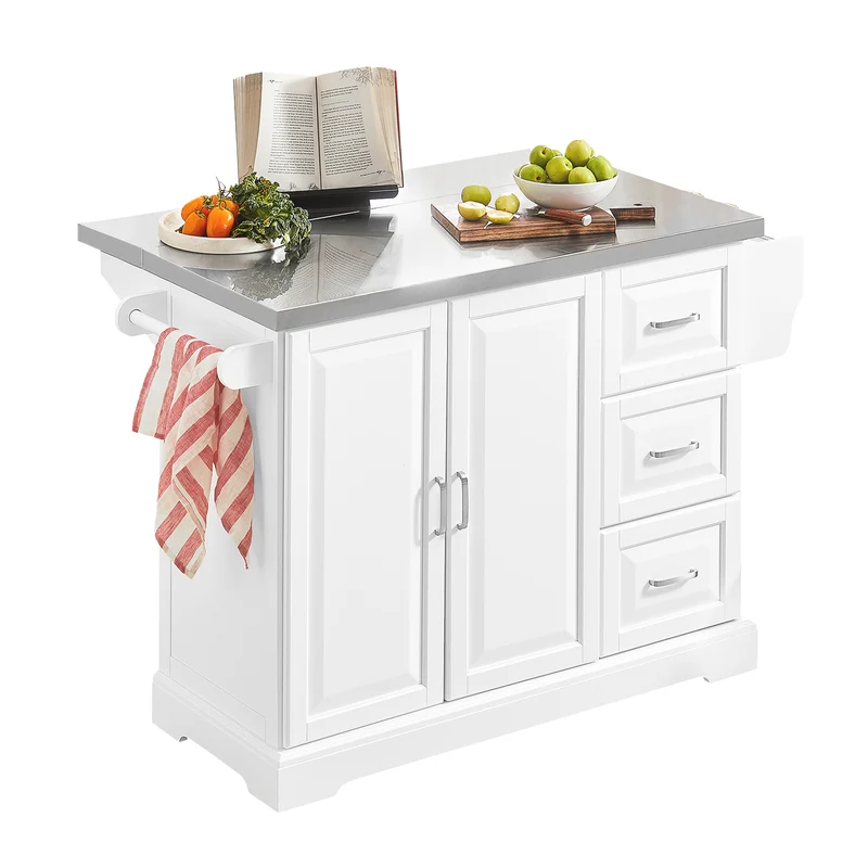 SoBuy FKW41-ST Isla de Cocina con rueda, Piso de Acero con 3 cajones y 2 Puertas