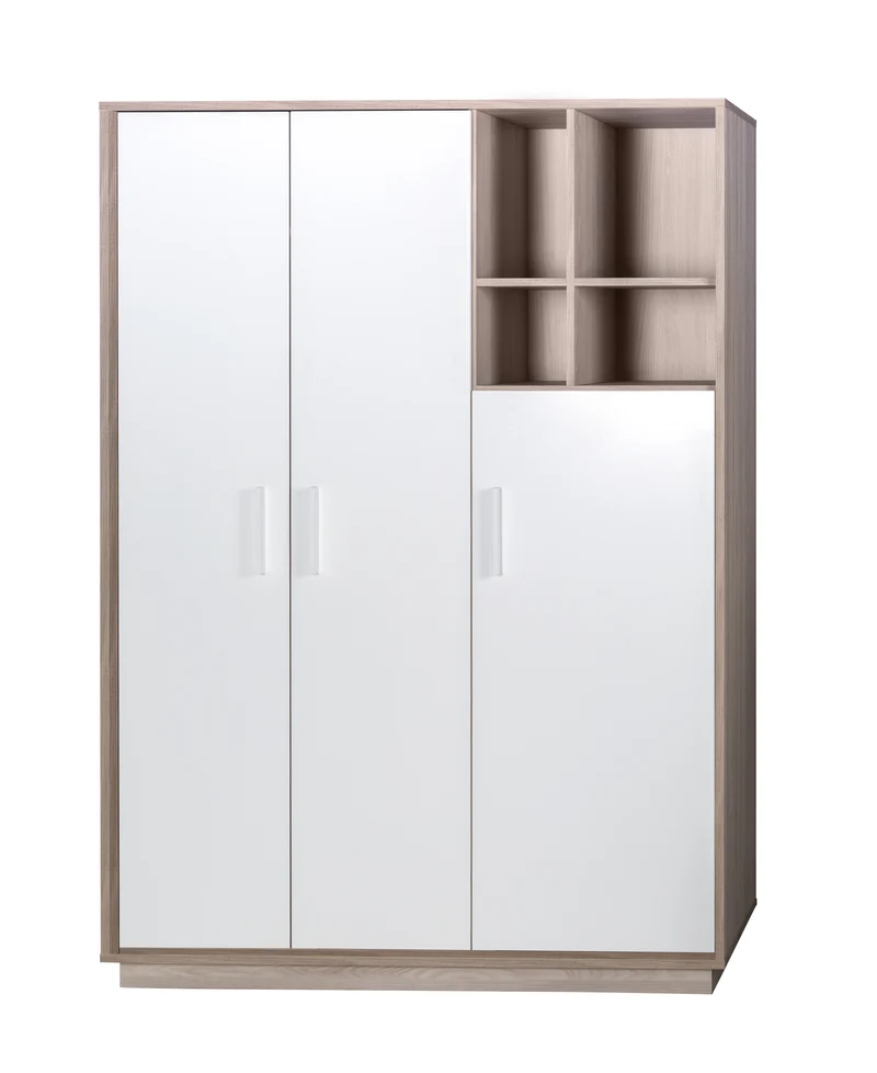 Kleiderschrank 'Olaf', 3 Drehtüren, mit offenem Regal, Weiß / Luna Elm
