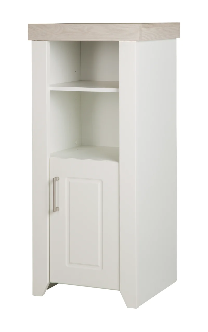 Standregal 'Felicia‘ mit Korpus im Dekor Weiß, Fronten Canadian White, Kranz im Dekor Luna Elm