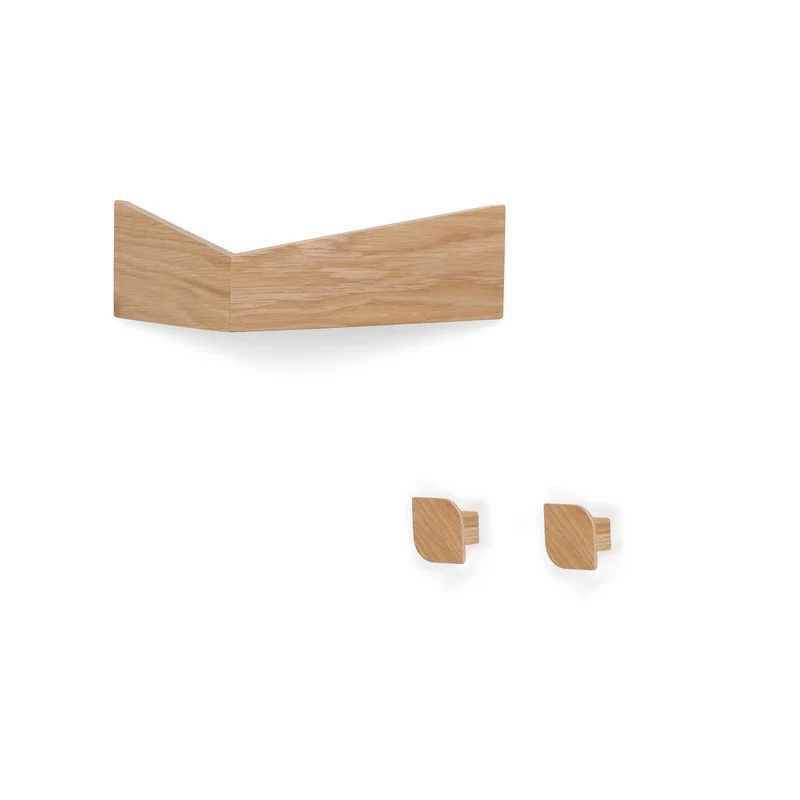 Pelican S Wall Shelf and two Cielo Wall Hooks · Oak