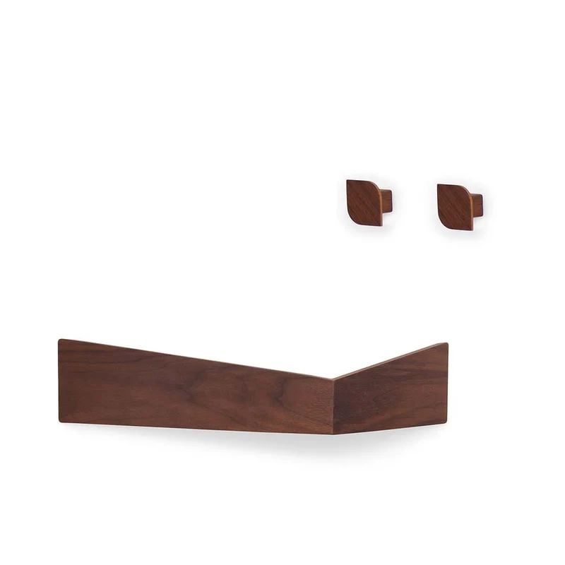 Pelican M Wall Shelf and two Cielo Wall Hooks · Walnut