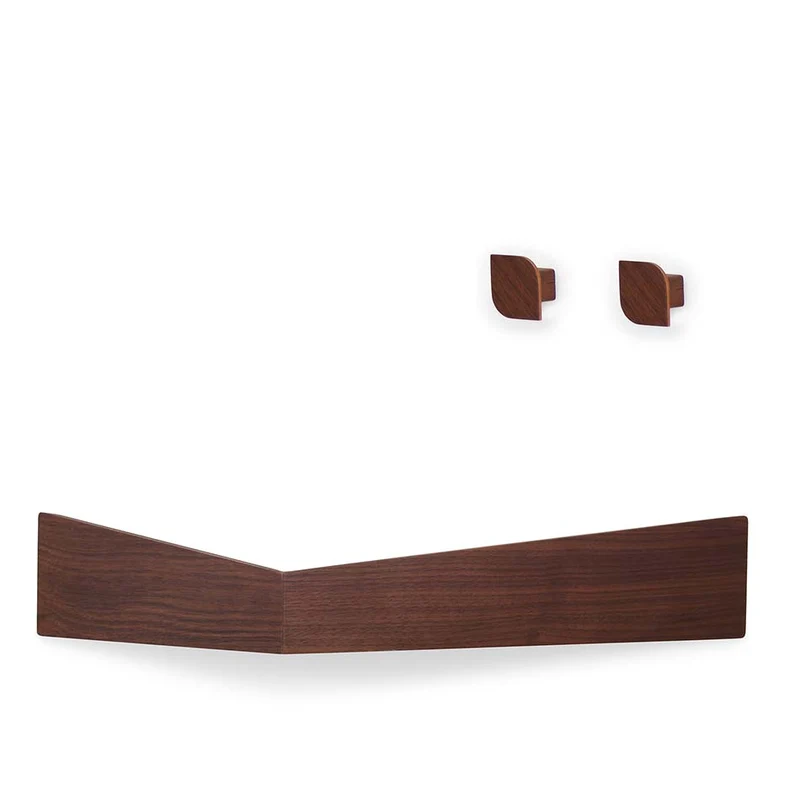 Pelican L Wall Shelf and two Cielo Wall Hooks · Walnut