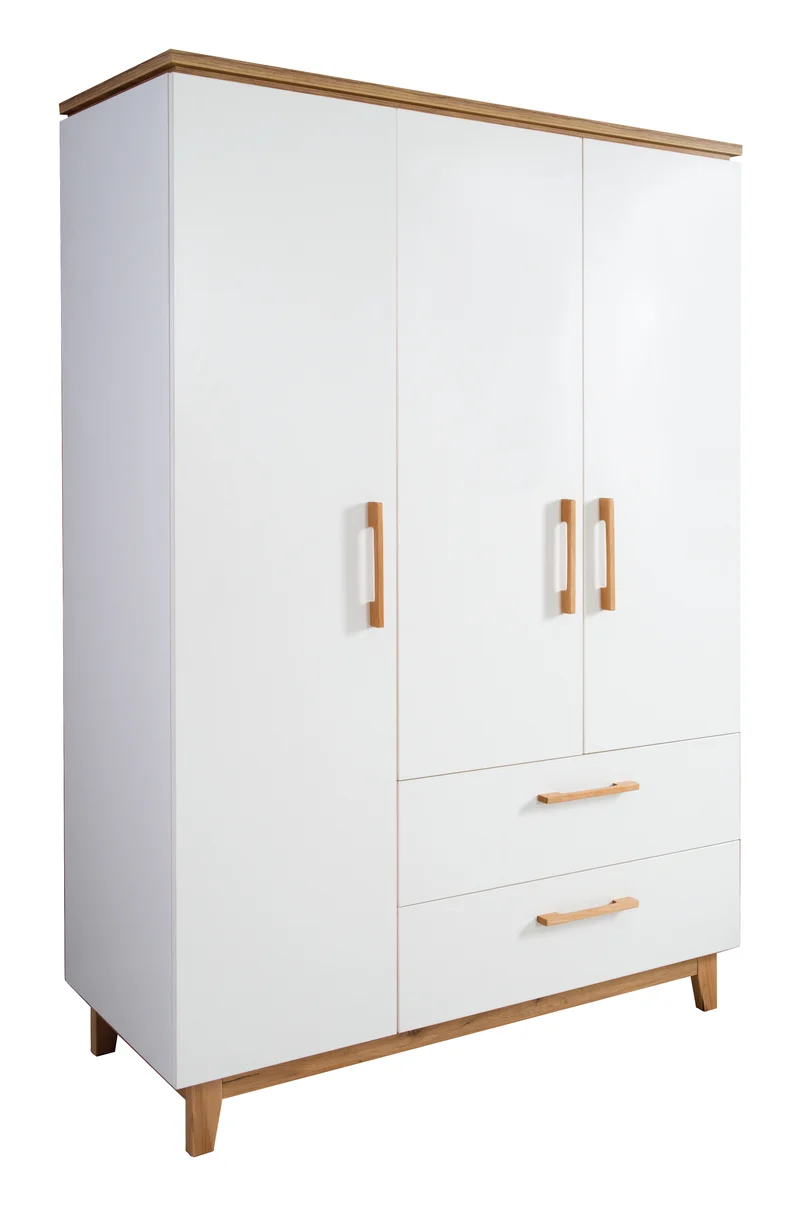 Kleiderschrank 'Finn', 3 Türen, 2 Schubladen, weiß, mit Soft Close-Technik, Drehtürenschrank