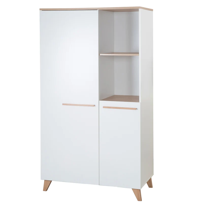 Kinderkleiderschrank 2-türig 'Leon' - Griffe + Füße aus Massivholz - Weiß / Othello Eiche