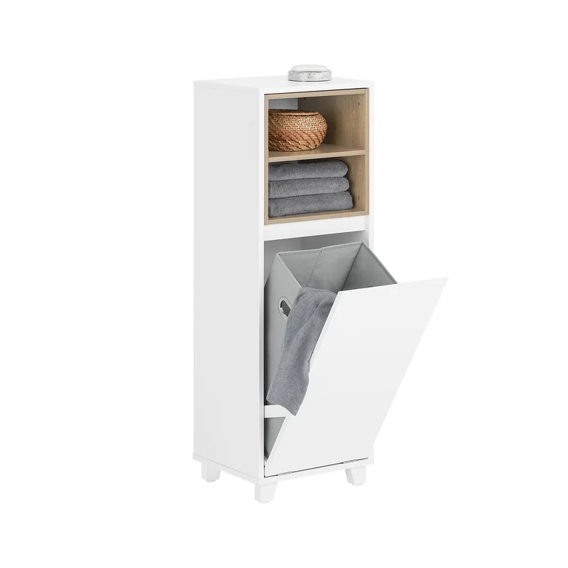 SoBuy BZR146-W Armario de Suelo para Baño con 2 estantes y 1 Cesto para Ropa Sucia Blanco