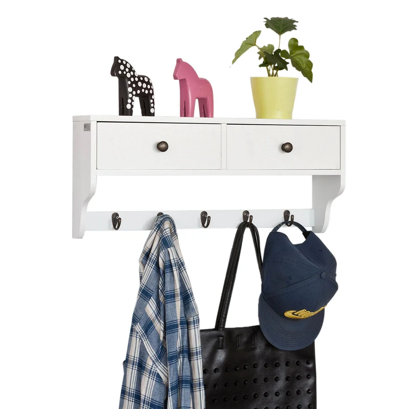 SoBuy FRG178-W Perchero de Pared con 5 Ganchos y 2 cajones Blanco