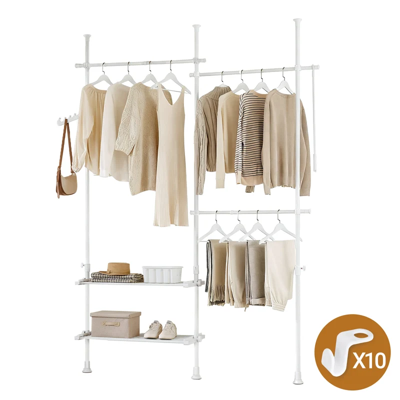 SoBuy FRG34-II-W Perchero Telescópico de Ropa con 3 barras y 3 cestas Blanco