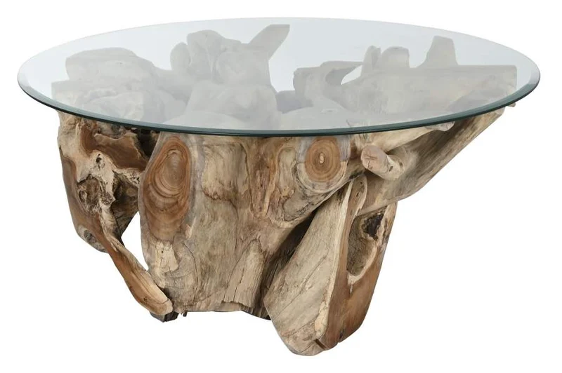 MESA CENTRO RAIZ DE TECA CRISTAL 100X100X45