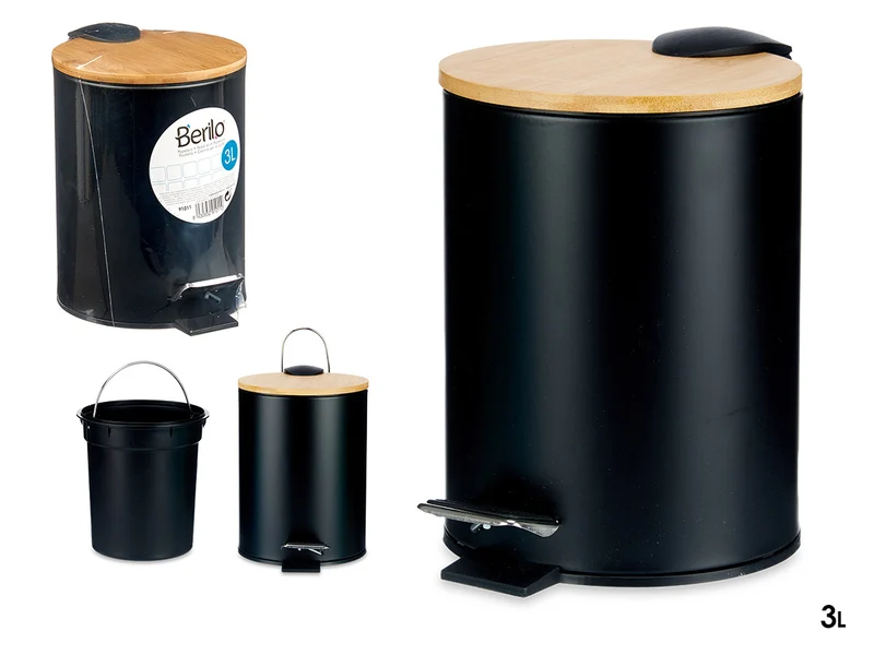 PAPELERA METAL TAPA BAMBU 3L NEGRO