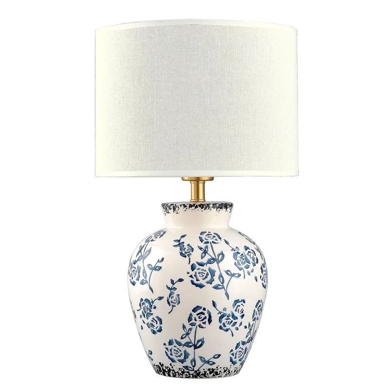 LAMPARA BASE CERAMICA FLORES AZUL