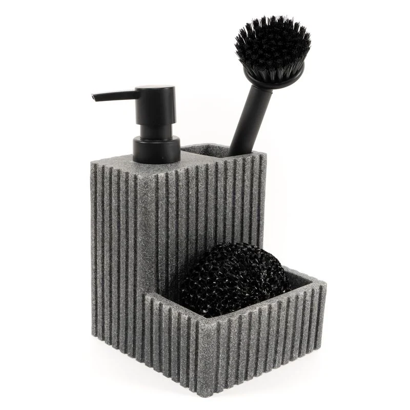 DISPENSADOR JABON CON ESTROPAJERO Y CEPILLO GRIS